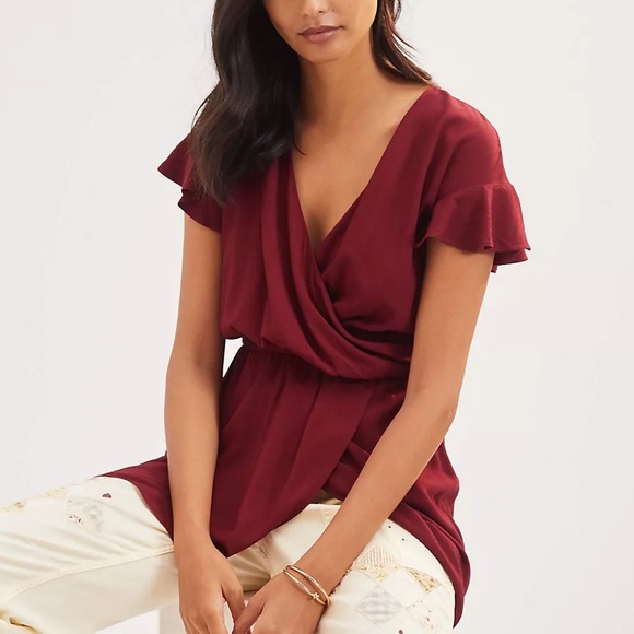 Anthropologie Surplice High-Low Blouse Wine S NWT - Picture 9 of 9